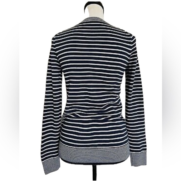 New Lacoste women V-neck wool blend striped sweater in navy blue & white size 36 - Picture 5 of 12